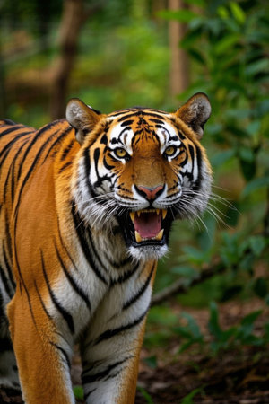 A tiger with its mouth open through the woods Pictureの素材