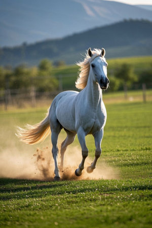 Picture of a white horse running a mountain in a fieldの素材