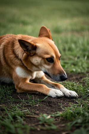 A dog lying on the grass Picturesの素材