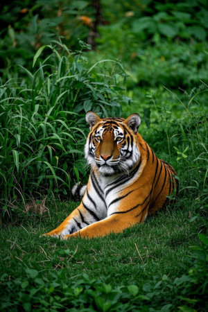 Picture of a tiger lying down in the grassの素材