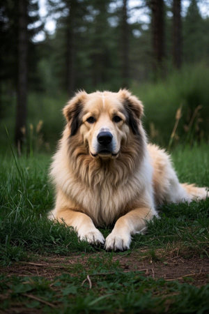 Picture of a big dog lying in the grass in the woodsの素材