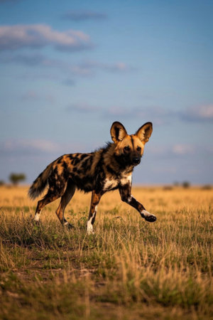 A wild dog running on the grass Imagesの素材