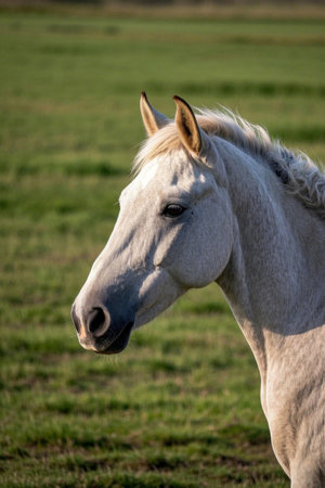 A white horse standing on the grass Pictureの素材