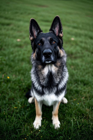 Picture of a dog and a Frisbee sitting on the grassの素材