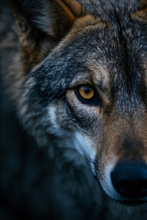 Close-up picture of a wolf face on a black backgroundの素材