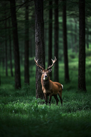 In the middle of the forest stands a picture of a deerの素材