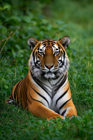 Picture of a tiger lying down in the grassの素材