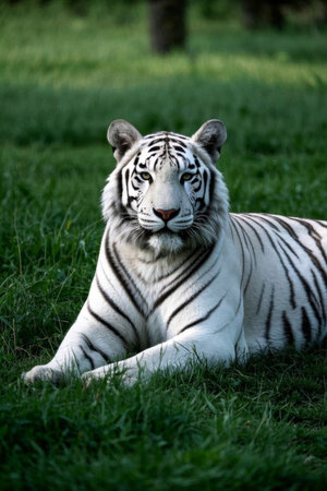 Picture of a white tiger lying green in the grassの素材