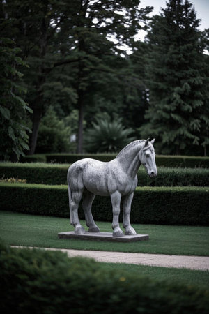 Image of a wooded horse statue in the parkの素材
