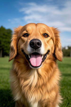 Picture of a dog standing on the grass with his tongue outの素材