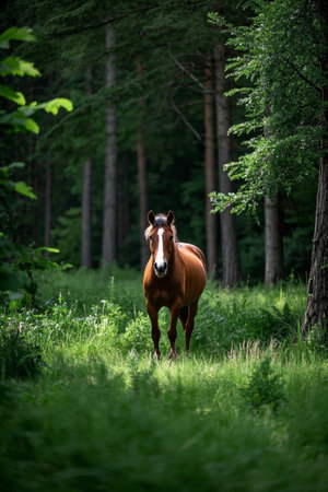 A horse is walking in the woods Imagesの素材