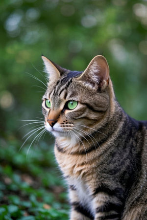 A cat sitting on the ground looking at picturesの素材