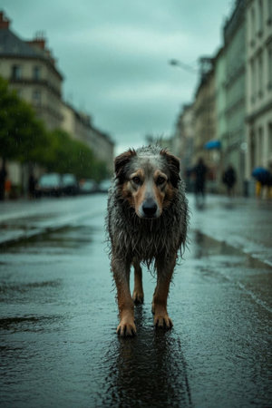 Picture of a wet dog standing on a wet street in the rainの素材
