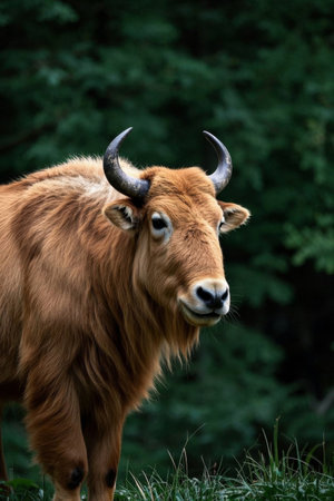 Picture of a brown cow standing in a field with hornsの素材