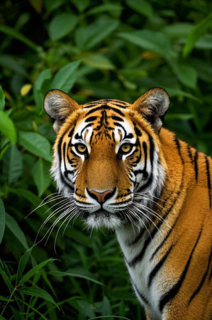 A tiger stands in the grass looking at the camera pictureの素材