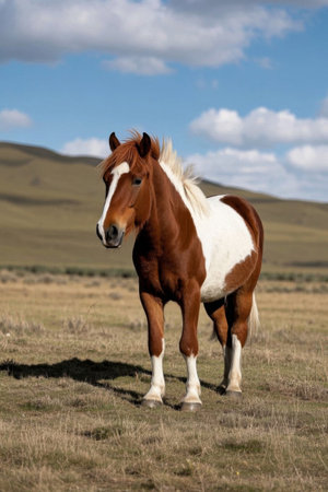 Picture of a brown and white horse standing in a fieldの素材