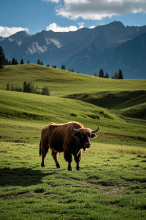 Picture of a brown cow standing in a field of mountainsの素材