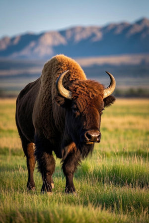 A large bison stands on a meadow Mountains Imagesの素材