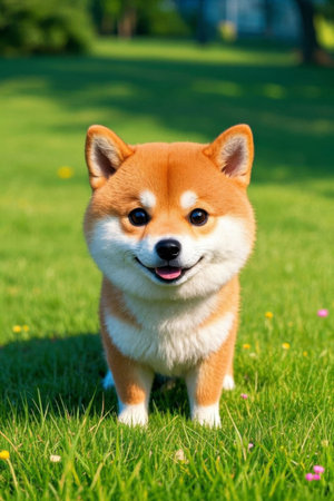 Dog standing on grass with smiling face pictureの素材