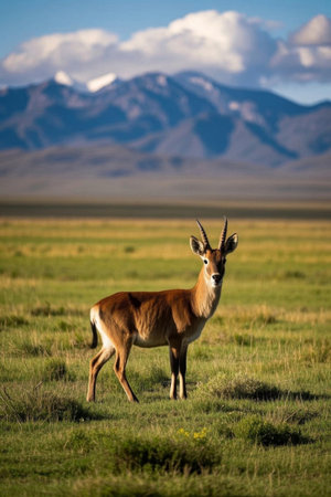 A deer stands in a field Mountains Imagesの素材