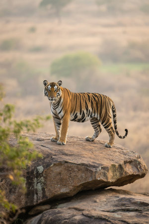 A tiger standing on a rock in the wild Pictureの素材