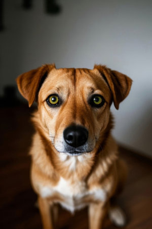 A brown dog sitting on a wooden floor looking at the camera pictureの素材