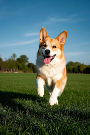 Picture of a dog running on the grass with his tongue outの素材