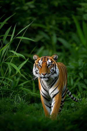 Picture of a tiger walking through grass in the woodsの素材