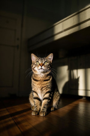 Picture of a cat sitting on the floor in the sunの素材