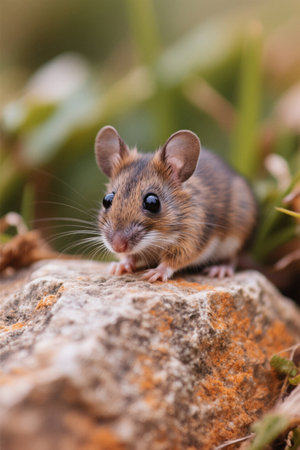 Picture of a little mouse sitting on a rock in the grassの素材