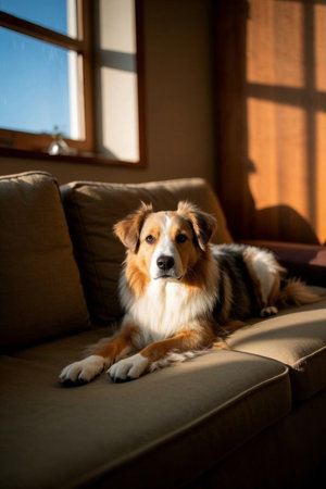 Dog Lying on a Sofa in a Sunny Room Pictureの素材