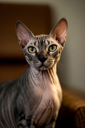 A cat sitting on a couch looking at a close-up picture of the cameraの素材