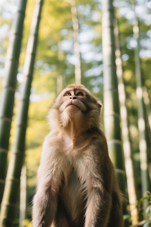 Sitting on a rock in front of a bamboo forest Pictureの素材