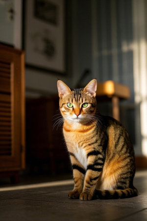 Picture of a cat sitting on the floor in the sunの素材