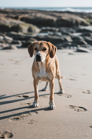 Picture of a dog standing on the beach with paws imprinted on the sandの素材