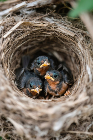 There are three small birds in the nest sitting on the ground one by one Pictureの素材