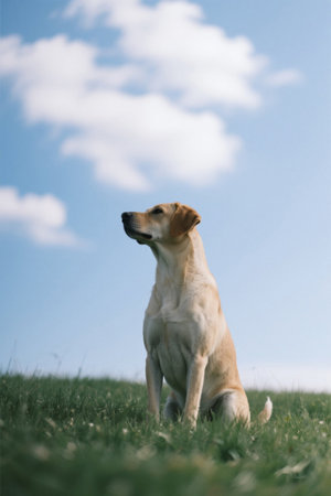 Picture of a dog sitting on the grass with a Frisbee in its mouthの素材