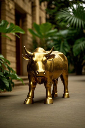 Picture of a statue of a golden bull on the sidewalk in front of the buildingの素材