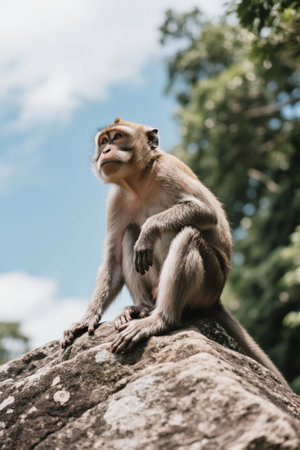 Picture of a monkey sitting on a rock in the background of the skyの素材