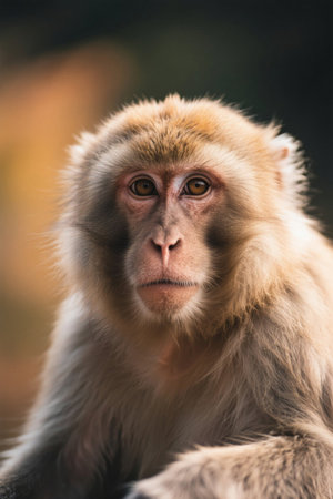 Monkey sitting on a rock looking at a camera pictureの素材