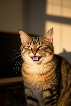 Picture of a cat sitting on a table with its mouth openの素材