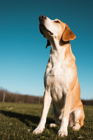 A dog sitting on the grass looking up at the pictureの素材