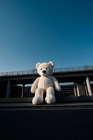 Picture of a giant white teddy bear sitting on the side of the roadの素材