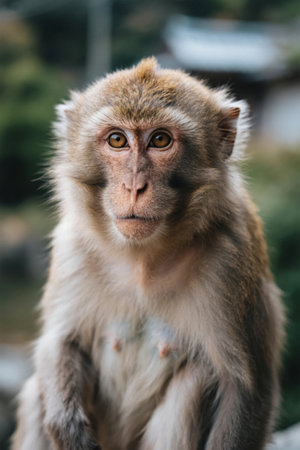 Monkey sitting on a rock looking at a camera pictureの素材