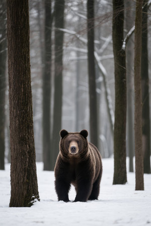Picture of a bear walking in the snow in the woodsの素材