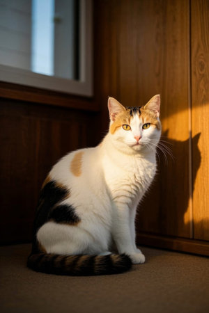 Picture of a cat sitting on the floor in front of the doorの素材