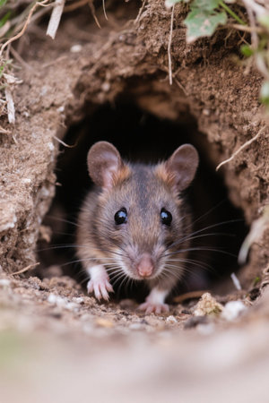 A little mouse looks out of the hole at the pictureの素材