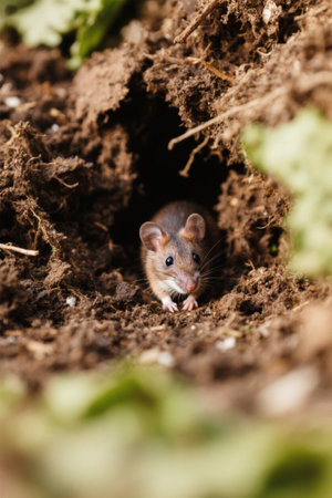 Picture of a little mouse sticking out of the dirtの素材