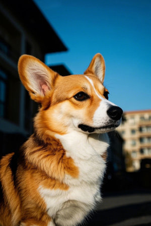 A dog sitting on the street looks up at the pictureの素材