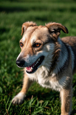 Picture of a dog standing on the grass with a Frisbeeの素材